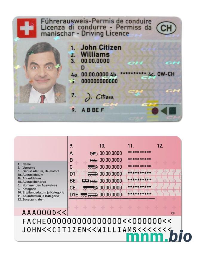 Szablon prawa jazdy w Szwajcarii w formacie PSD, ze wszystkimi czcionkami